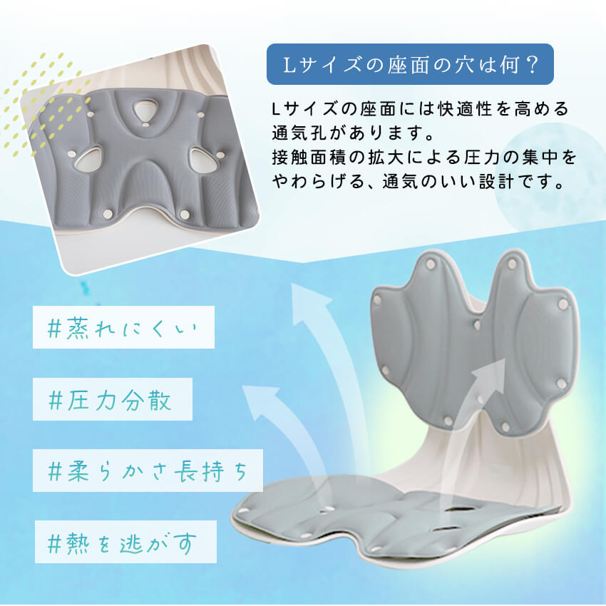 Lサイズは座面に通気孔付き